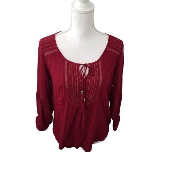 Maurices Red Boho-Style Long Sleeve Blouse With Tie Neck & Embroidered Details - Picture 1 of 4